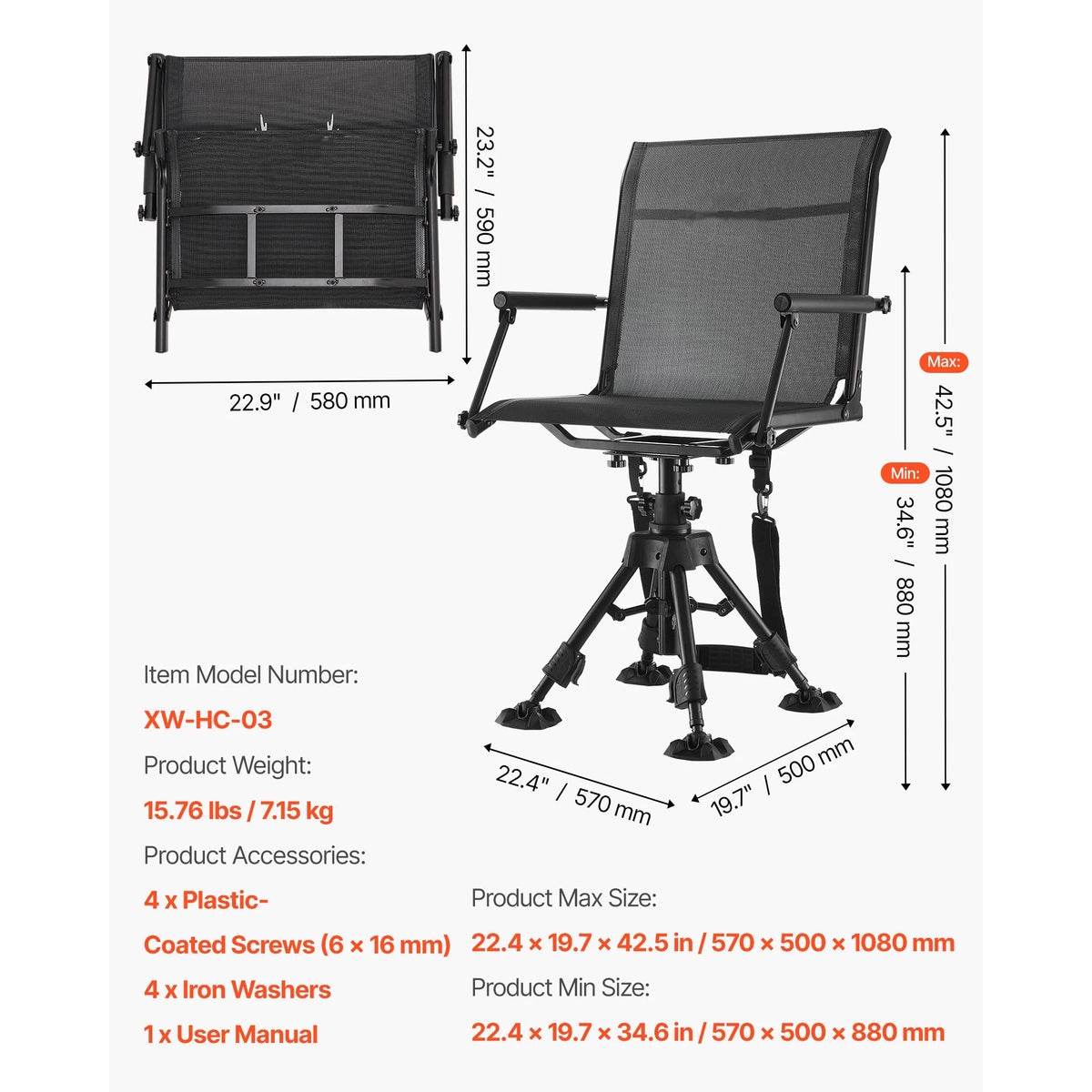 Foldable Swivel Hunting Chair With Armrest And Carry Strap