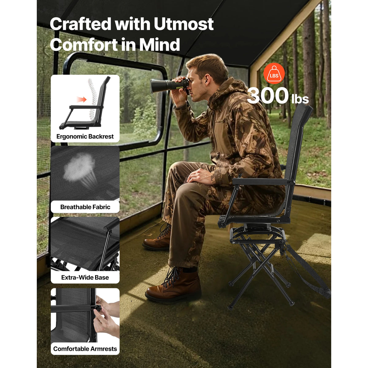 Foldable Swivel Hunting Chair With Armrest And Carry Strap