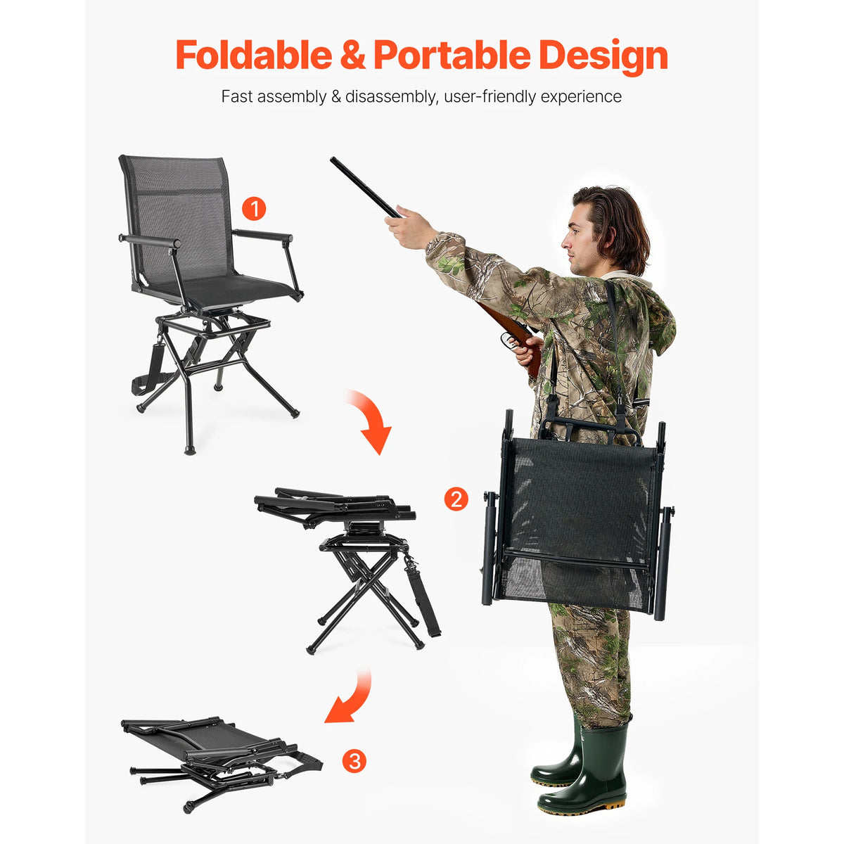 Foldable Swivel Hunting Chair With Armrest And Carry Strap