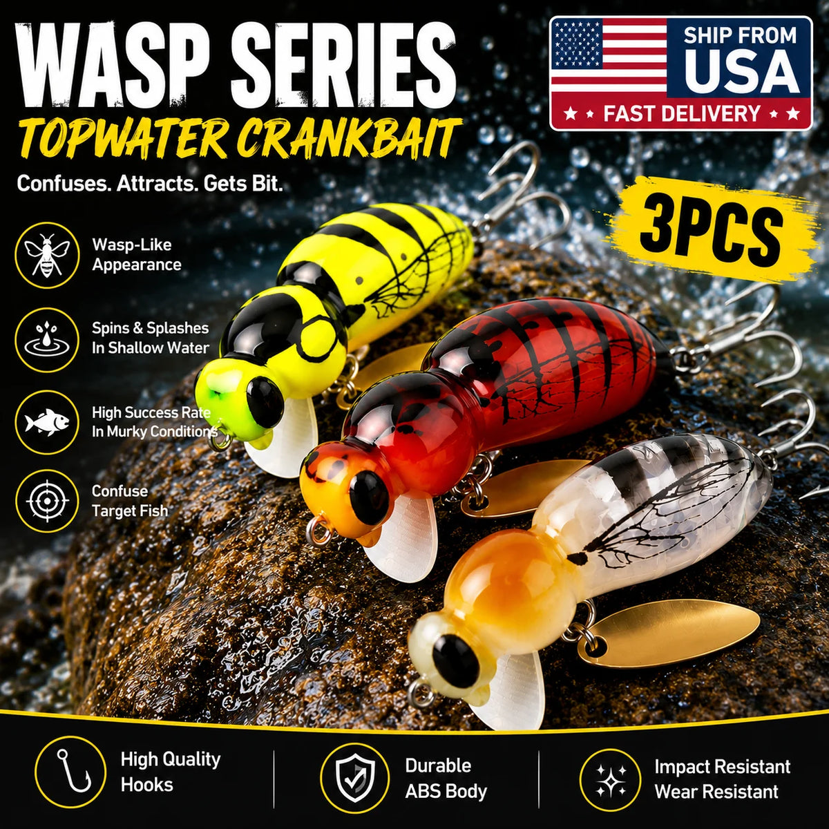 Kingdom 3Pcs Wasp Minnow Topwater Fishing Lure