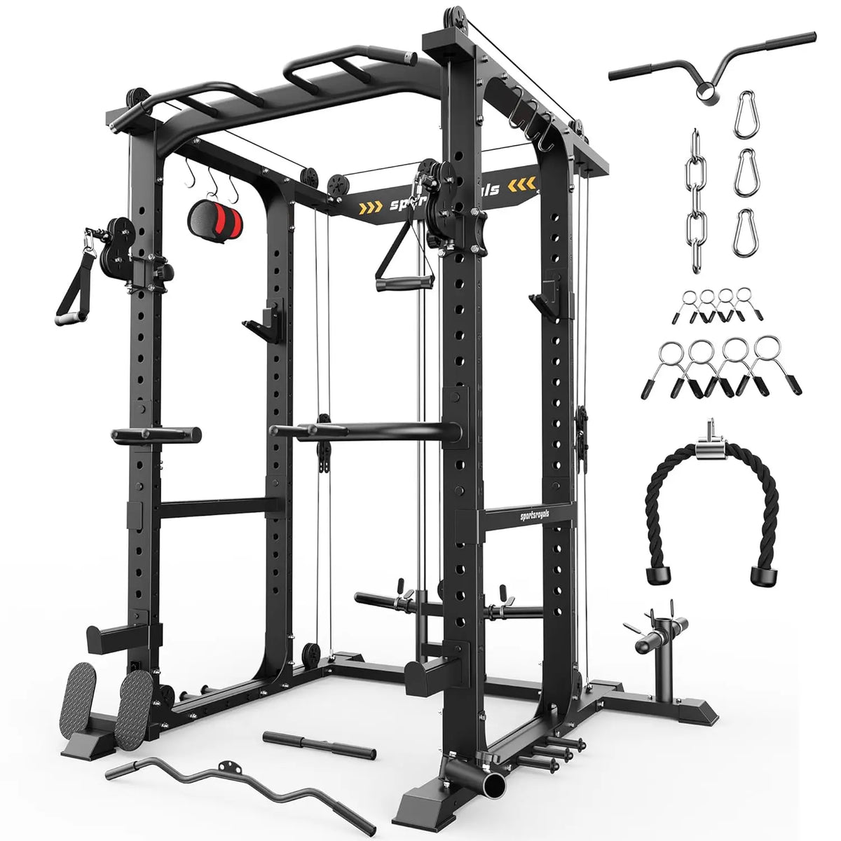 Heavy Duty Squat Rack With Lat Pulley And Barbell