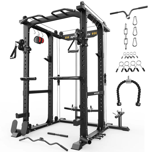 Heavy Duty Squat Rack With Lat Pulley And Barbell