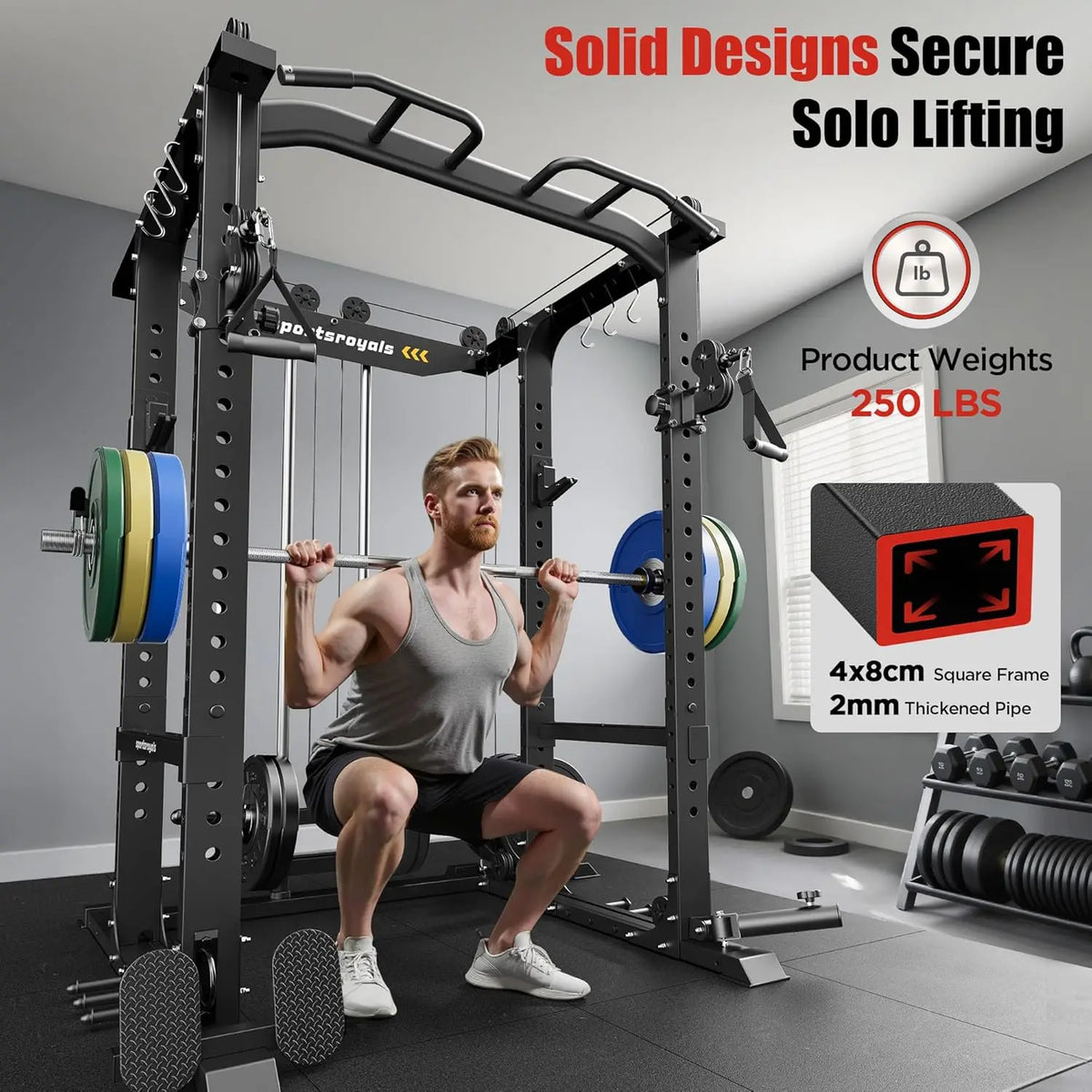 Heavy Duty Squat Rack With Lat Pulley And Barbell