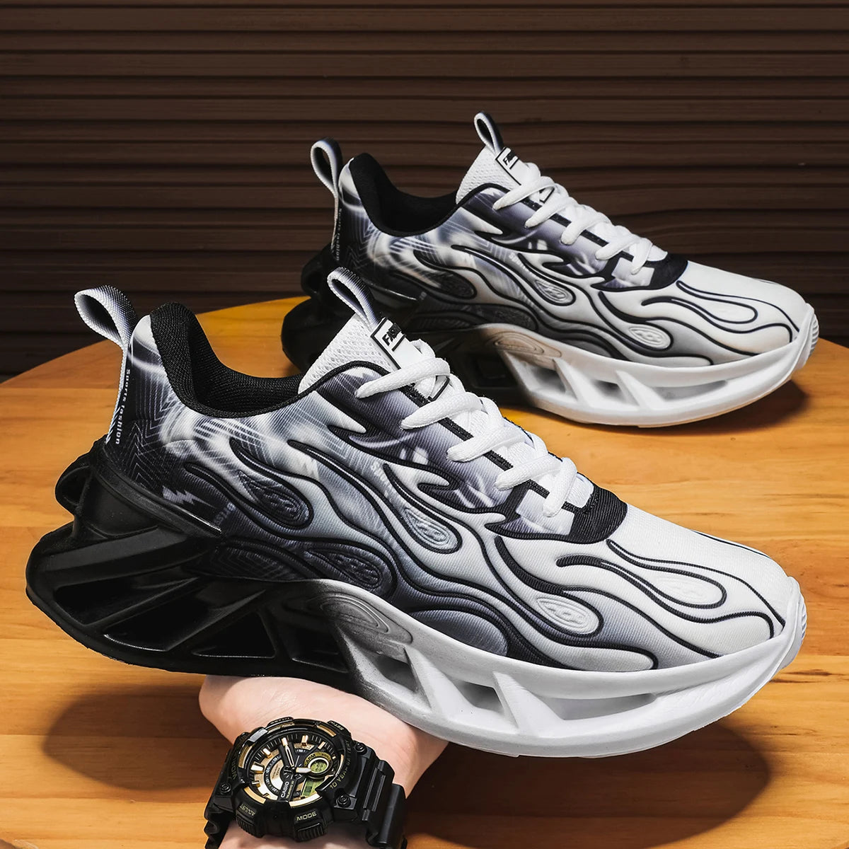 Unisex Flame Print Chunky Sole Running Sneakers