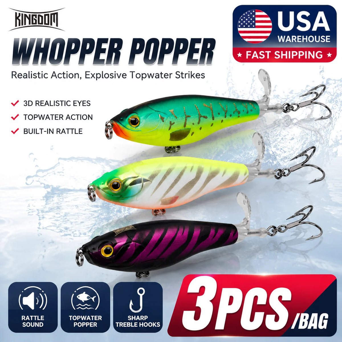 Kingdom 3Pcs Floating Fishing Lures With Rotating Tail
